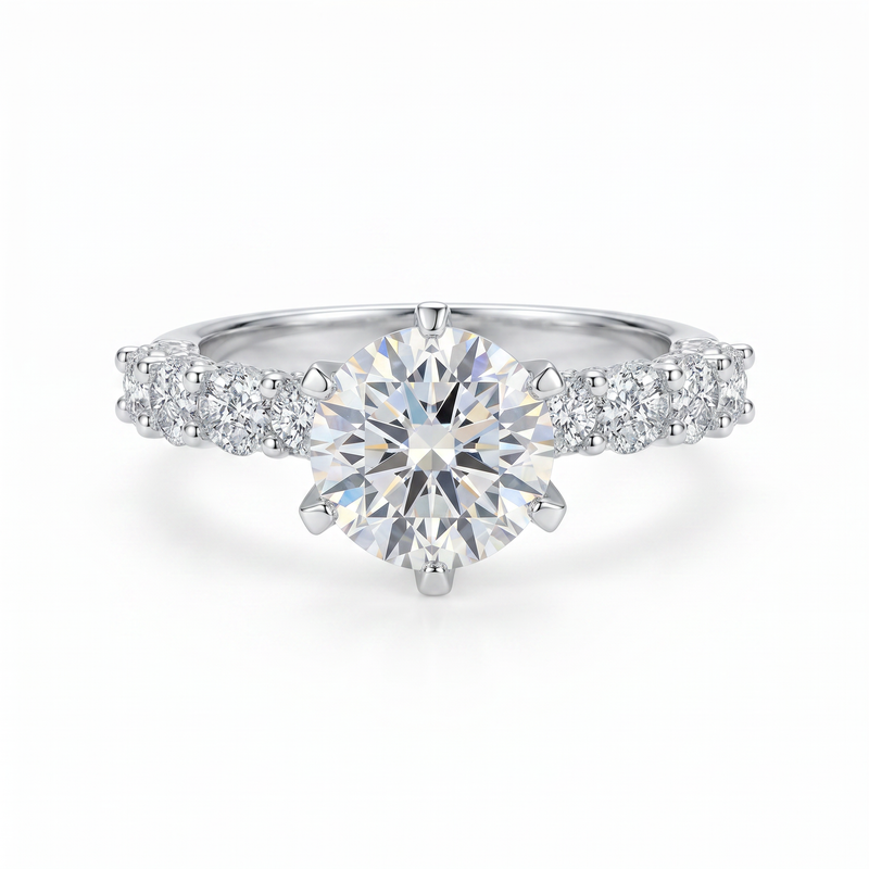 Anillo de Compromiso de Oro Blanco 14k con Diamante de Laboratorio Redondo de 1 ct y Diamantes Laterales Cluster