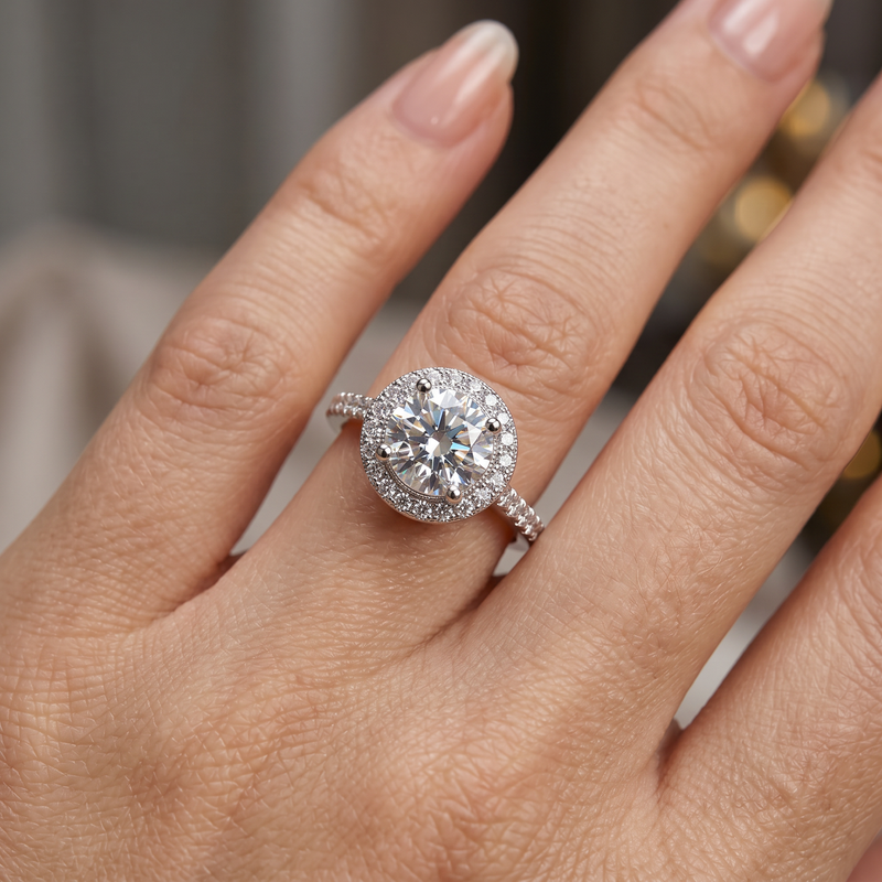 Anillo de Compromiso de Oro Blanco 14k con Diamante de Laboratorio Redondo de 1 ct, Halo y Banda Pavé