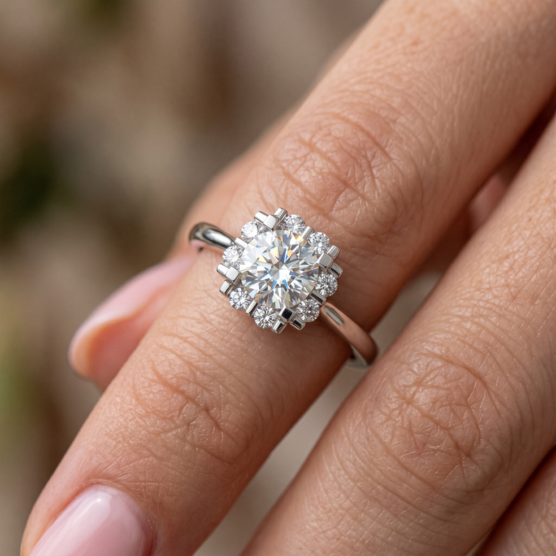 Anillo de Compromiso de Oro Blanco 14k con Diamante de Laboratorio Redondo de 1 ct y Halo Cluster de 8 Diamantes