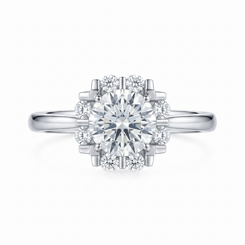 Anillo de Compromiso de Oro Blanco 14k con Diamante de Laboratorio Redondo de 1 ct y Halo Cluster de 8 Diamantes