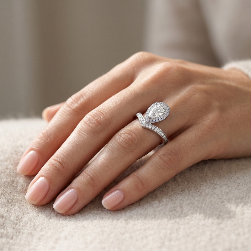Anillo de Compromiso de Oro Blanco 14k con Diamante de Laboratorio Corte Pera de 1 ct y Halo de Diamantes