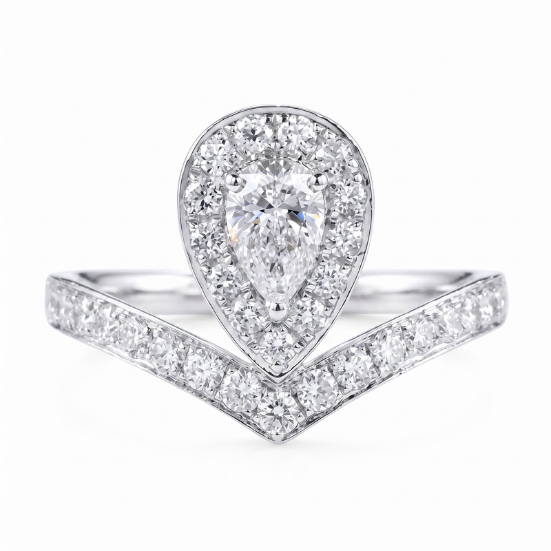 Anillo de Compromiso de Oro Blanco 14k con Diamante de Laboratorio Corte Pera de 1 ct y Halo de Diamantes