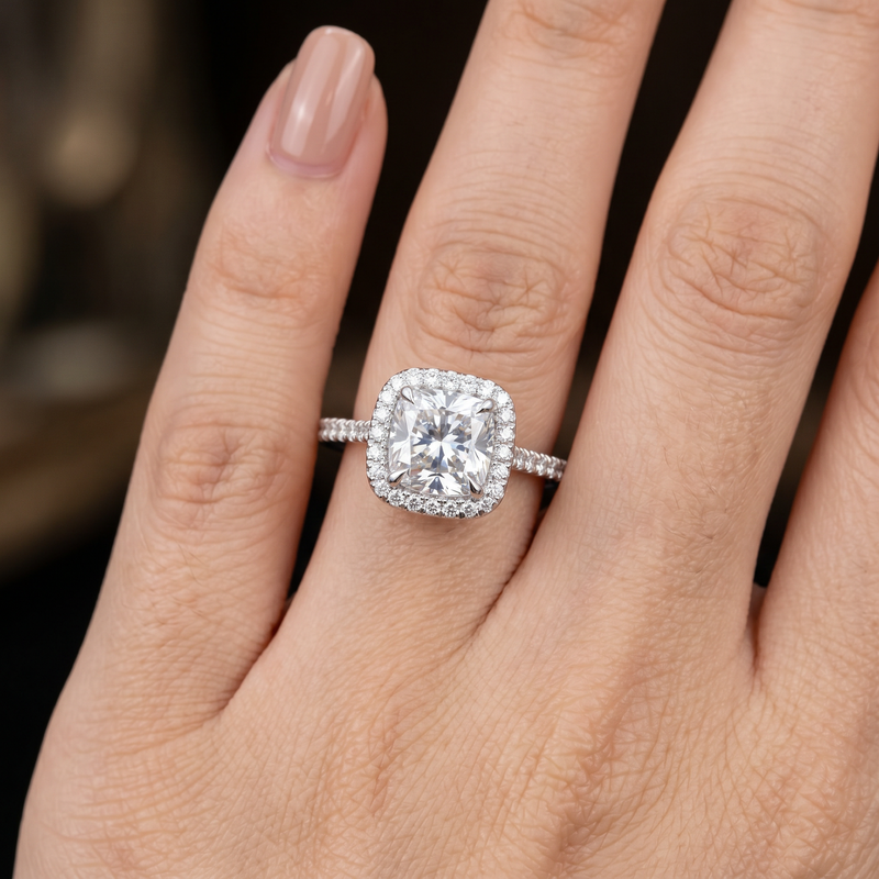 Anillo de Compromiso de Oro Blanco 14k con Diamante de Laboratorio Cushion de 1 ct, Halo y Banda Pavé