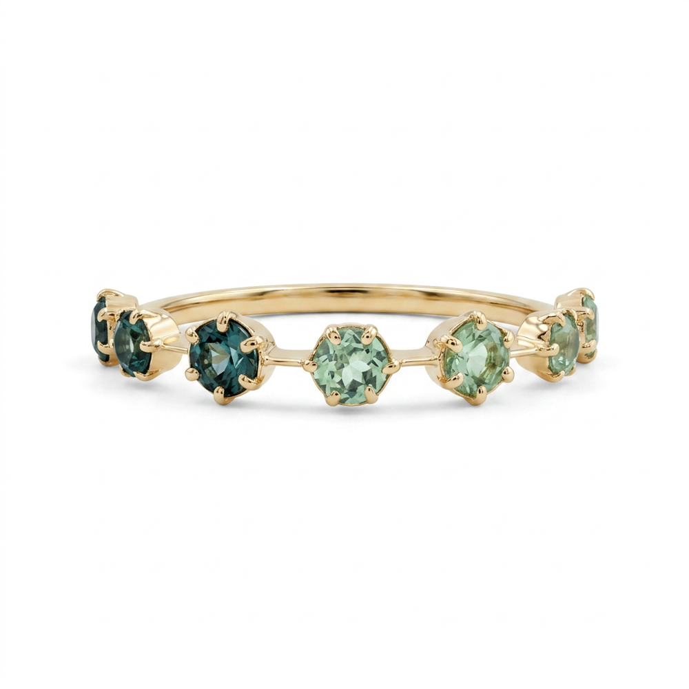 Anillo de Oro Amarillo 14k con Zafiros Verdes y Azules Degradados