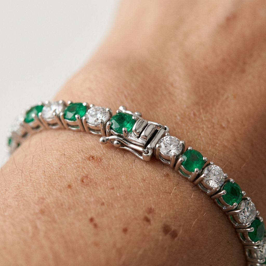 Pulsera Tennis de Oro Blanco 14k con Esmeraldas y Diamantes (vista 3)