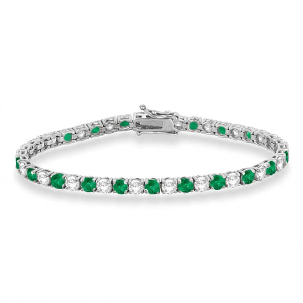 Pulsera Tennis de Oro Blanco 14k con Esmeraldas y Diamantes