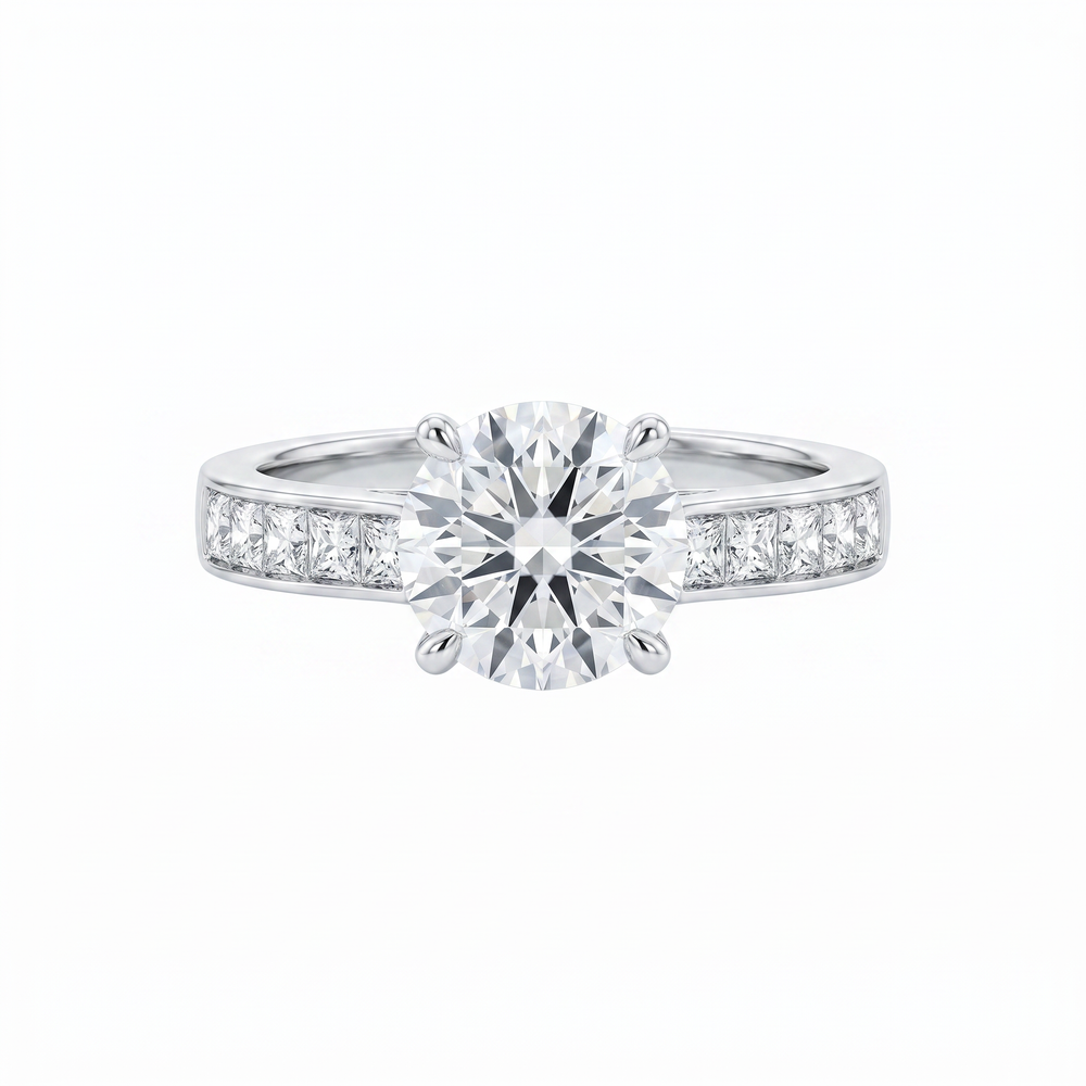 Anillo de Compromiso de Oro Blanco 14k con Diamante de Laboratorio Redondo de 1 ct y Diamantes Princess Laterales