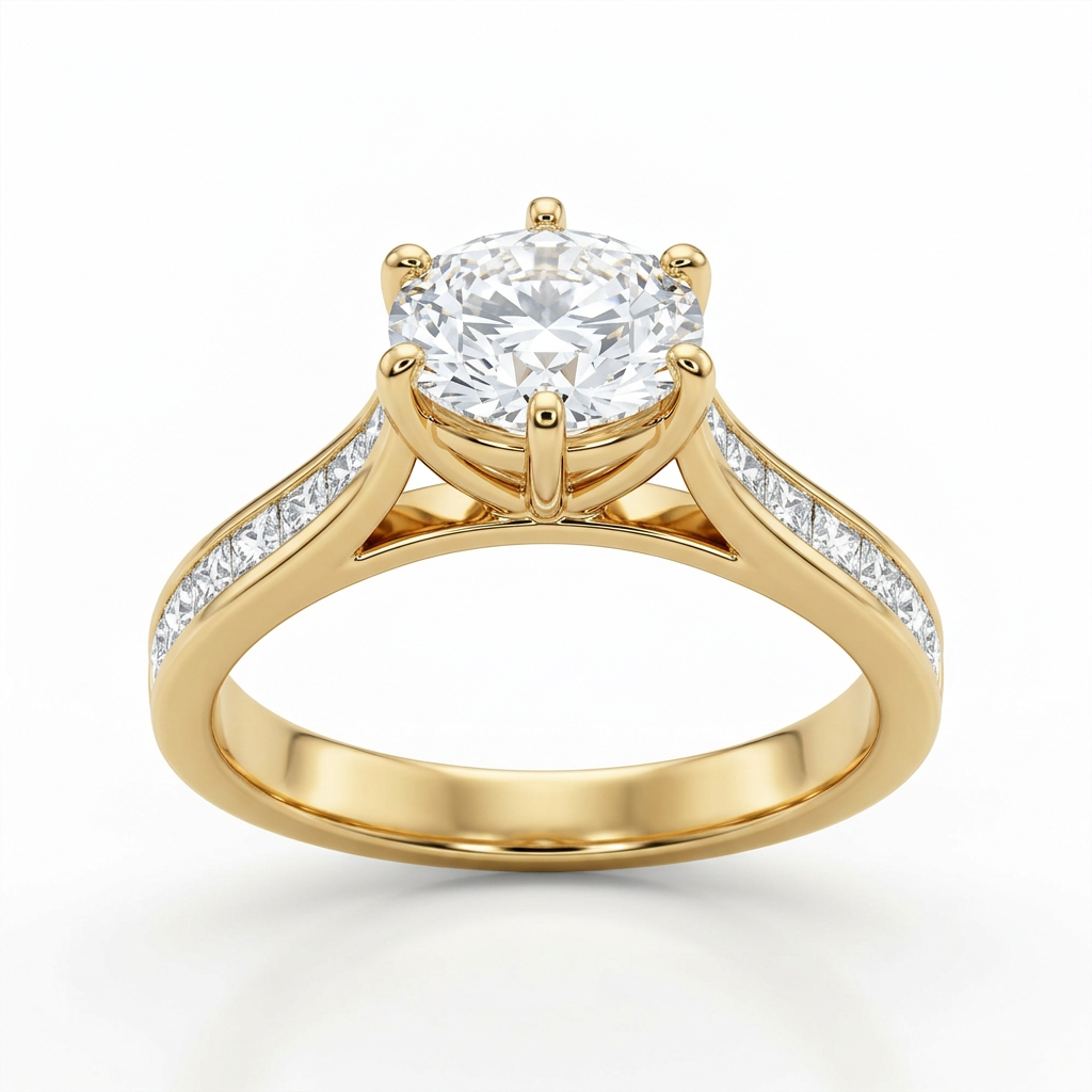 Anillo de Compromiso de Oro Blanco 14k con Diamante de Laboratorio Redondo de 1 ct y Diamantes Princess Laterales (vista 6)