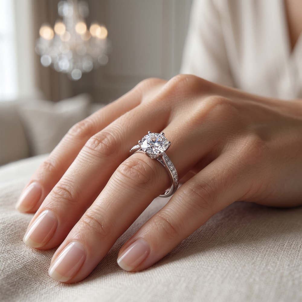 Anillo de Compromiso de Oro Blanco 14k con Diamante de Laboratorio Redondo de 1 ct y Diamantes Laterales
