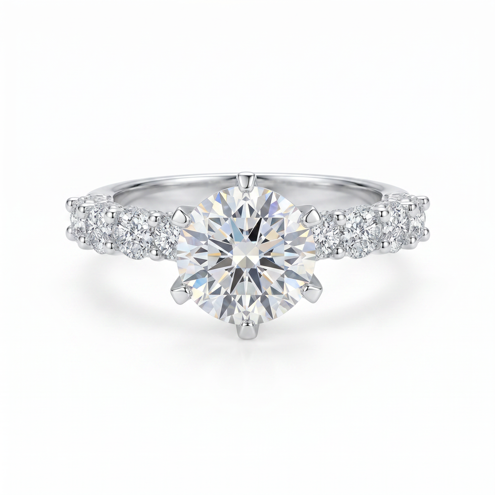 Anillo de Compromiso de Oro Blanco 14k con Diamante de Laboratorio Redondo de 1 ct y Diamantes Laterales Cluster