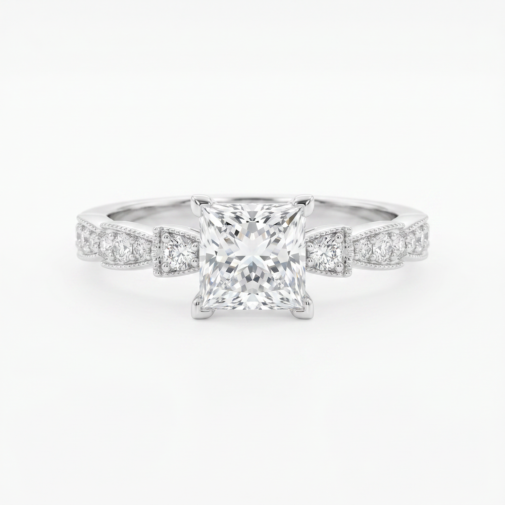 Anillo de Compromiso de Oro Blanco 14k con Diamante de Laboratorio Princess de 1 ct y Diamantes Laterales