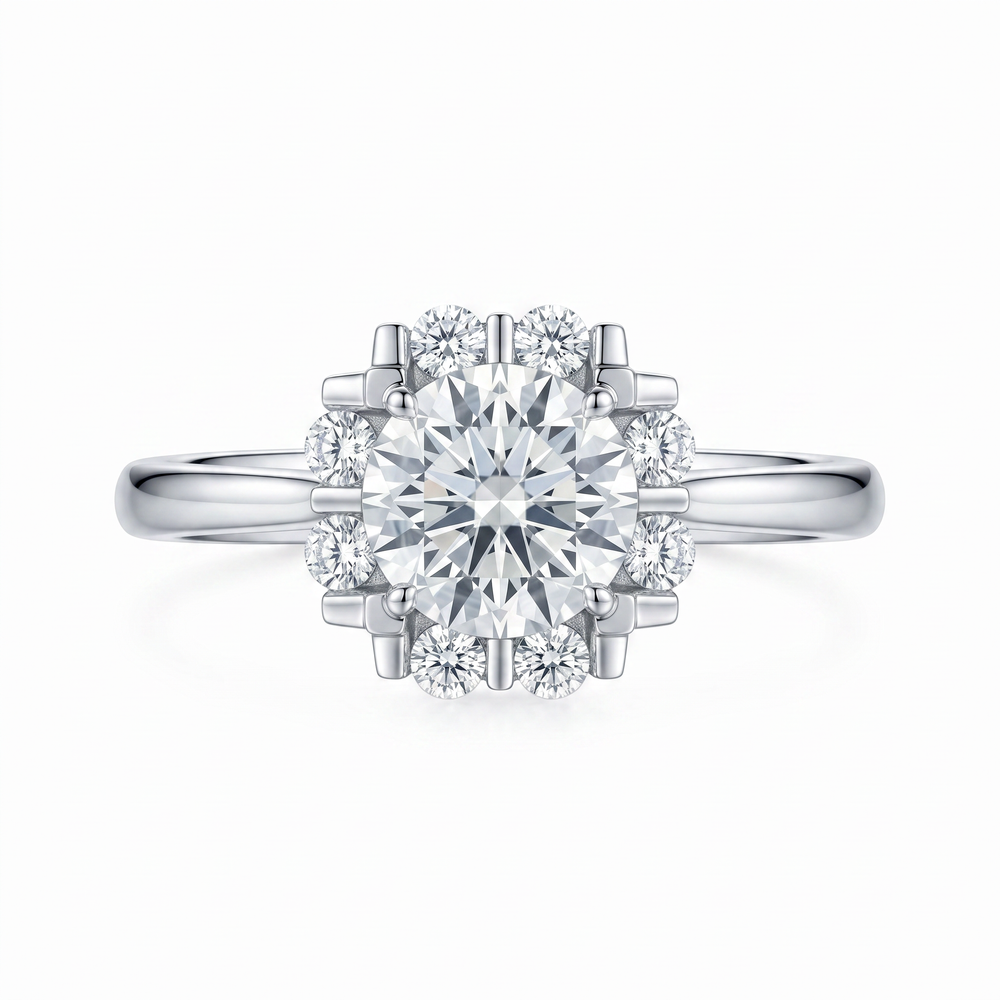Anillo de Compromiso de Oro Blanco 14k con Diamante de Laboratorio Redondo de 1 ct y Halo Cluster de 8 Diamantes