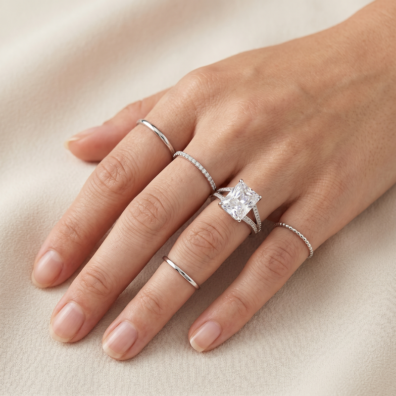 Anillo de Compromiso de Oro Blanco 14k con Diamante de Laboratorio Corte Esmeralda de 1 ct y Banda Split Shank Pavé