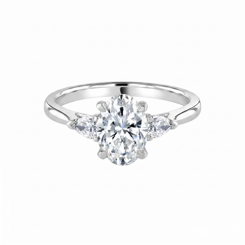 Anillo de Compromiso de Oro Blanco 14k con Diamante de Laboratorio Oval de 1 ct y Piedras Laterales Corte Pera