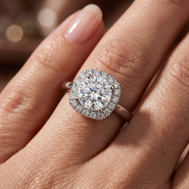 Anillo de Compromiso de Oro Blanco 14k con Diamante de Laboratorio Redondo de 1 ct y Halo de Diamantes