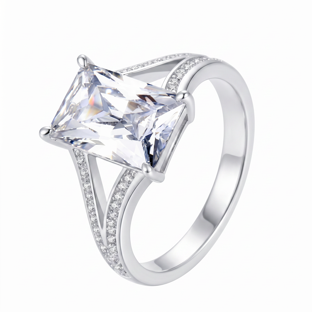 Anillo de Compromiso de Oro Blanco 14k con Diamante de Laboratorio Corte Esmeralda de 1 ct y Banda Split Shank Pavé