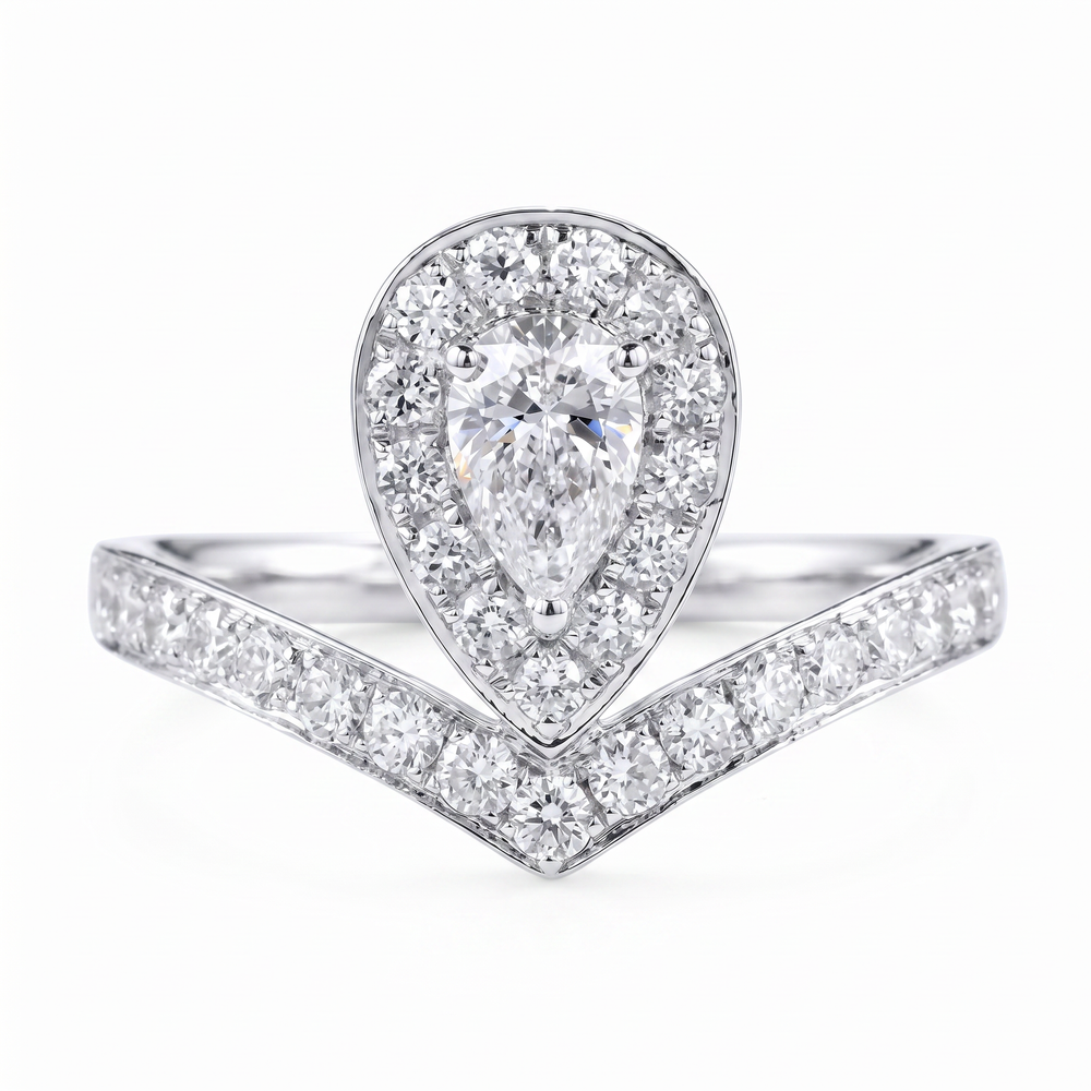 Anillo de Compromiso de Oro Blanco 14k con Diamante de Laboratorio Corte Pera de 1 ct y Halo de Diamantes