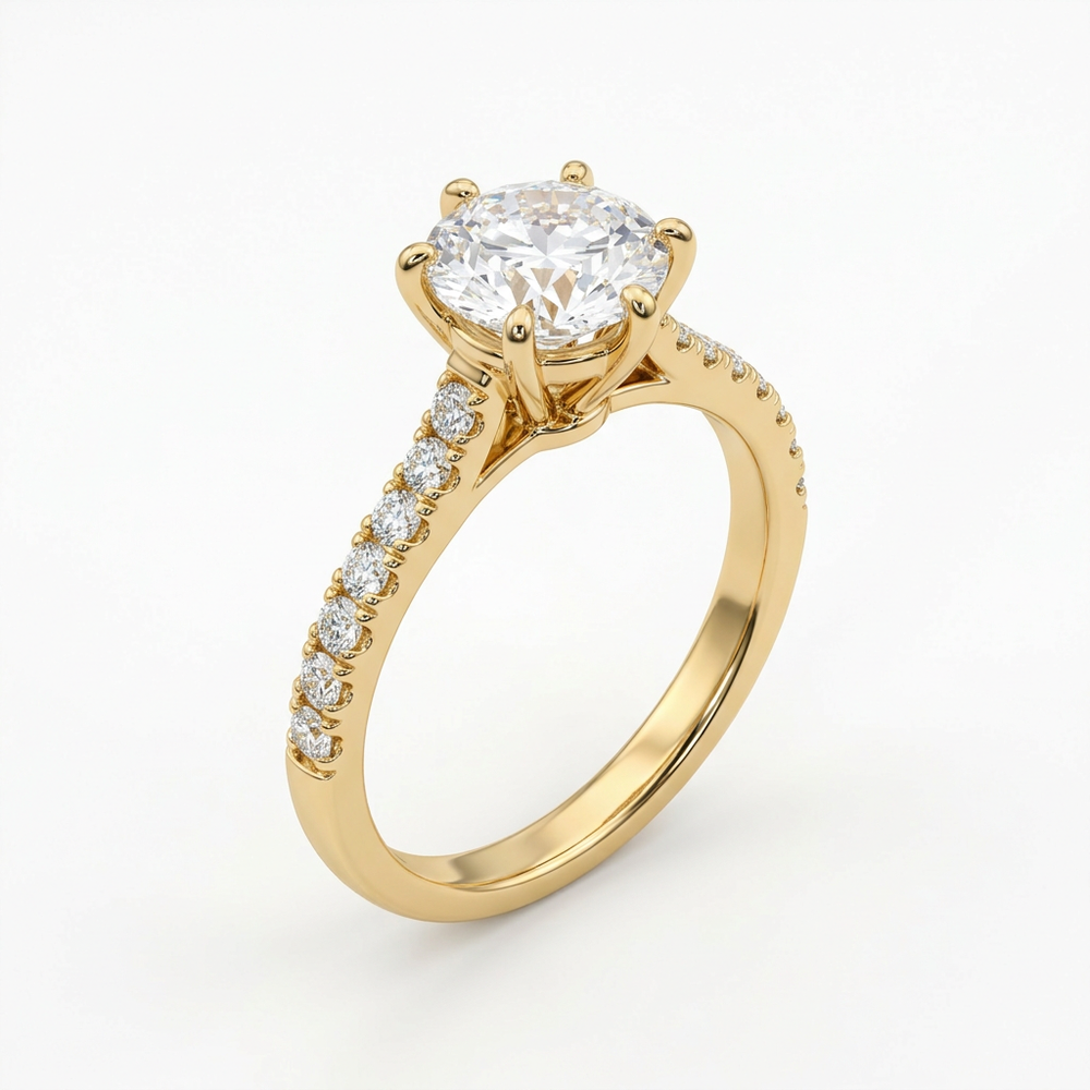 Anillo de Compromiso de Oro Blanco 14k con Diamante de Laboratorio Redondo de 1 ct y Banda Pavé Delgada
