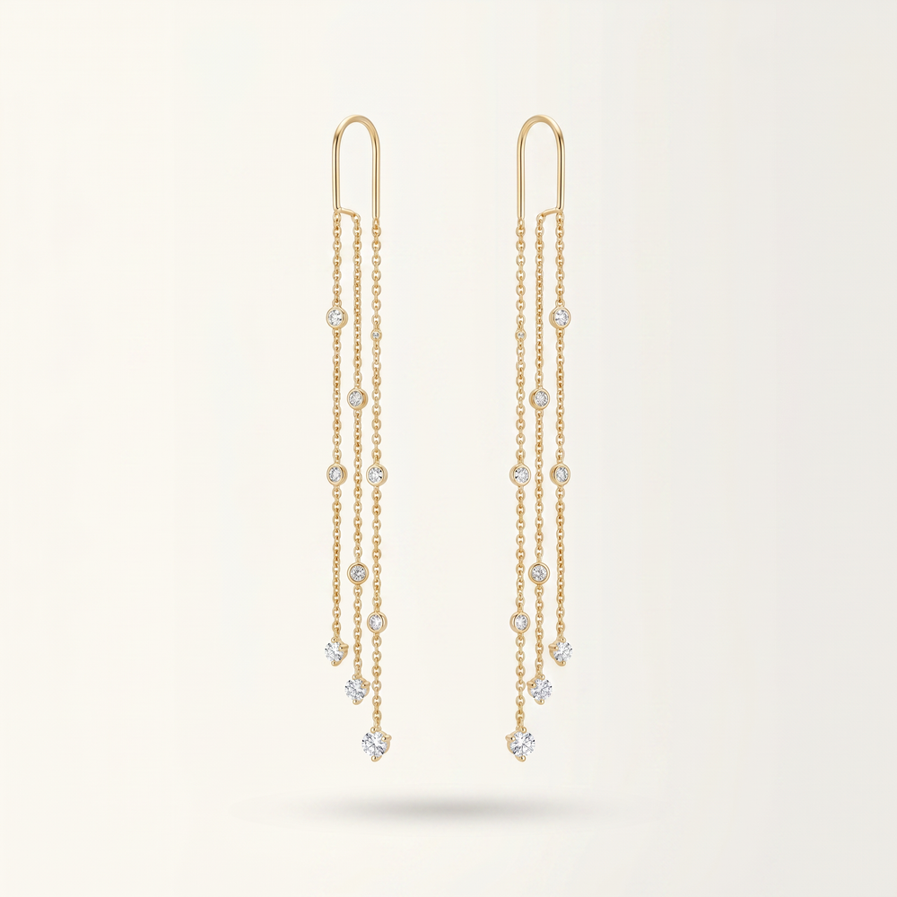 Aretes Colgantes Tipo Cadena de Oro Amarillo 14k con Diamantes de Laboratorio