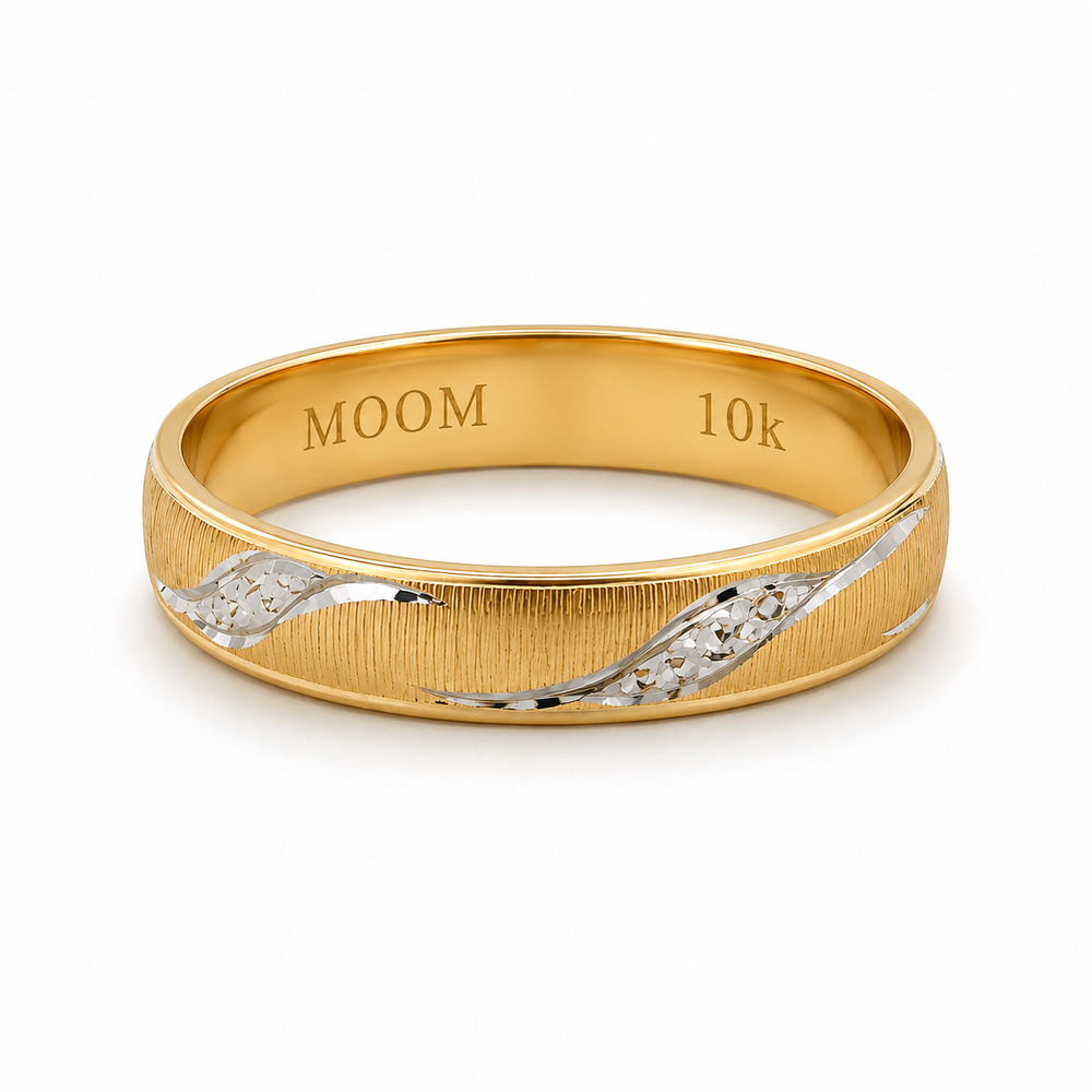 Argolla de matrimonio de oro amarillo 10k con ondas diamantadas en tono blanco