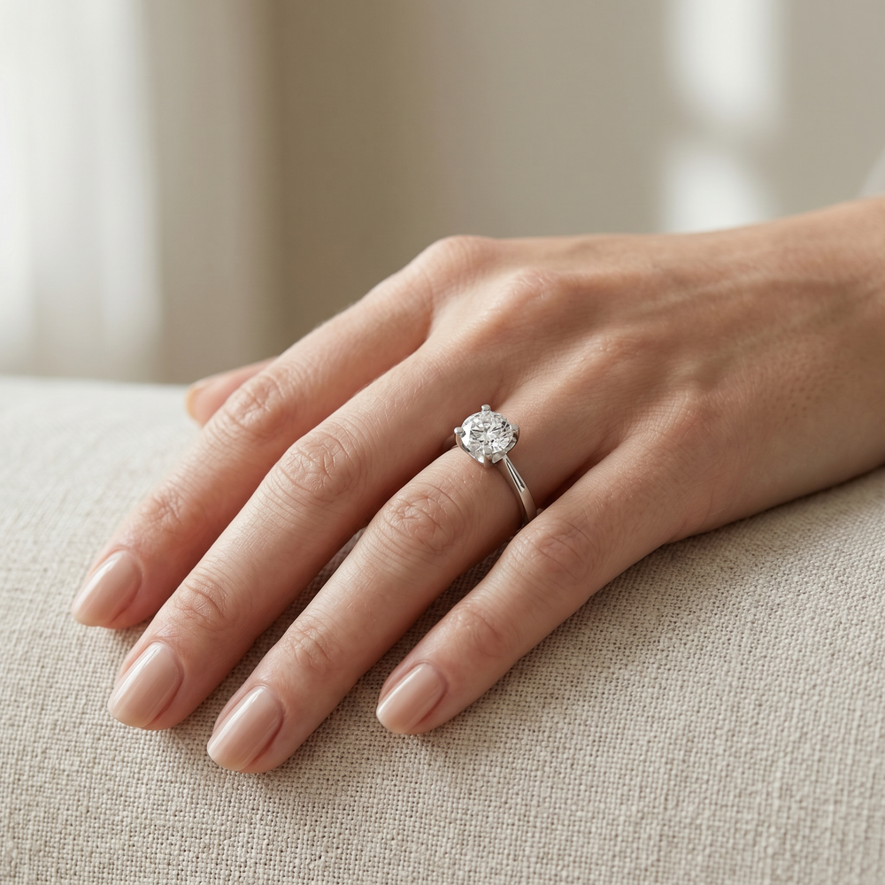 Anillo de Compromiso de Oro Blanco 14k con Diamante de Laboratorio Redondo de 1 ct y Banda Afinada