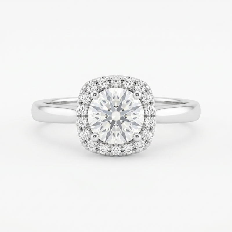 Anillo de Compromiso de Oro Blanco 14k con Diamante de Laboratorio Redondo de 1 ct y Halo de Diamantes