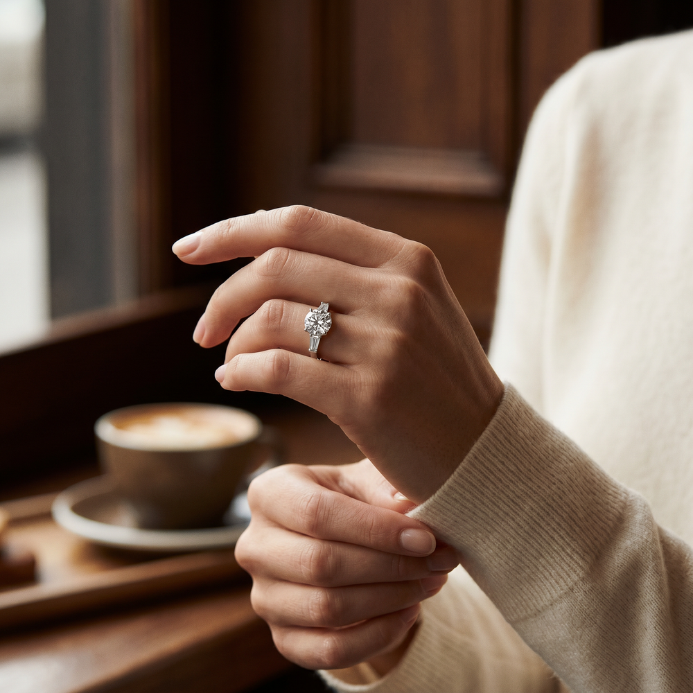 Anillo de Compromiso de Oro Blanco 14k con Diamante de Laboratorio Redondo de 1 ct y Baguettes Laterales