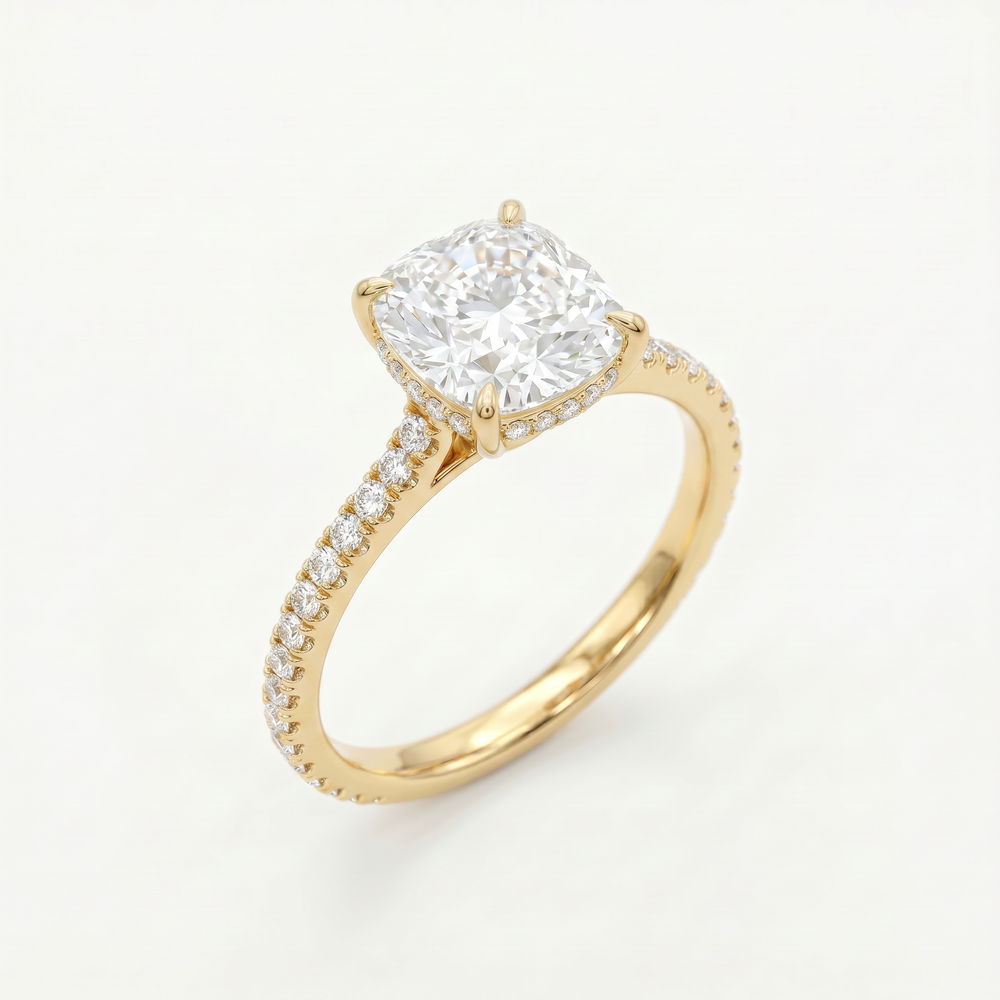 Anillo de Compromiso Pavé de Oro 14k con Diamante Corte Cushón