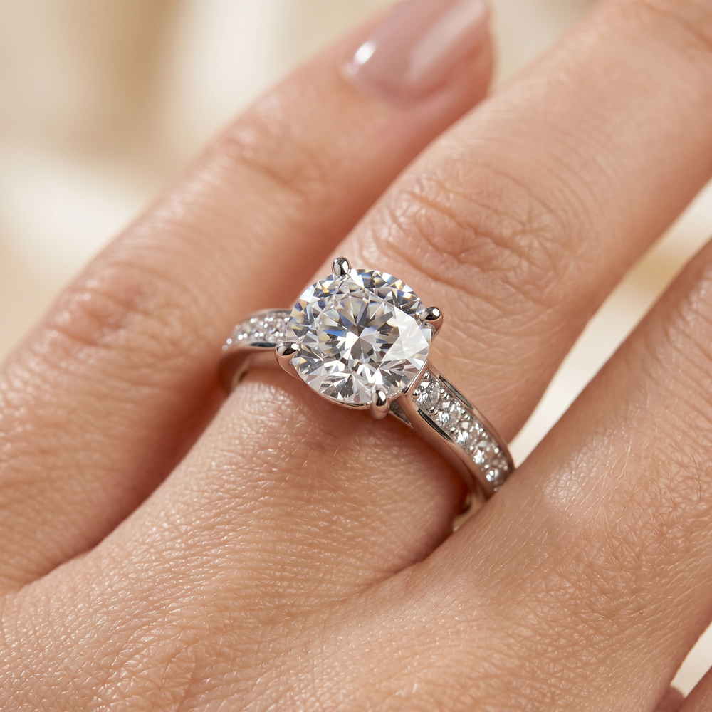 Anillo de Compromiso de Oro Blanco 14k con Diamante de Laboratorio Redondo de 1 ct y Diamantes Princess Laterales