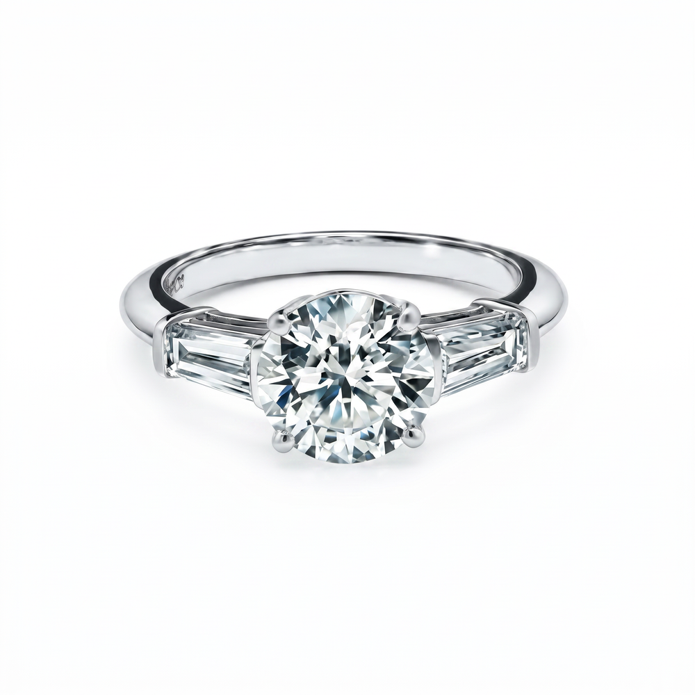 Anillo de Compromiso de Oro Blanco 14k con Diamante de Laboratorio Redondo de 1 ct y Baguettes Laterales