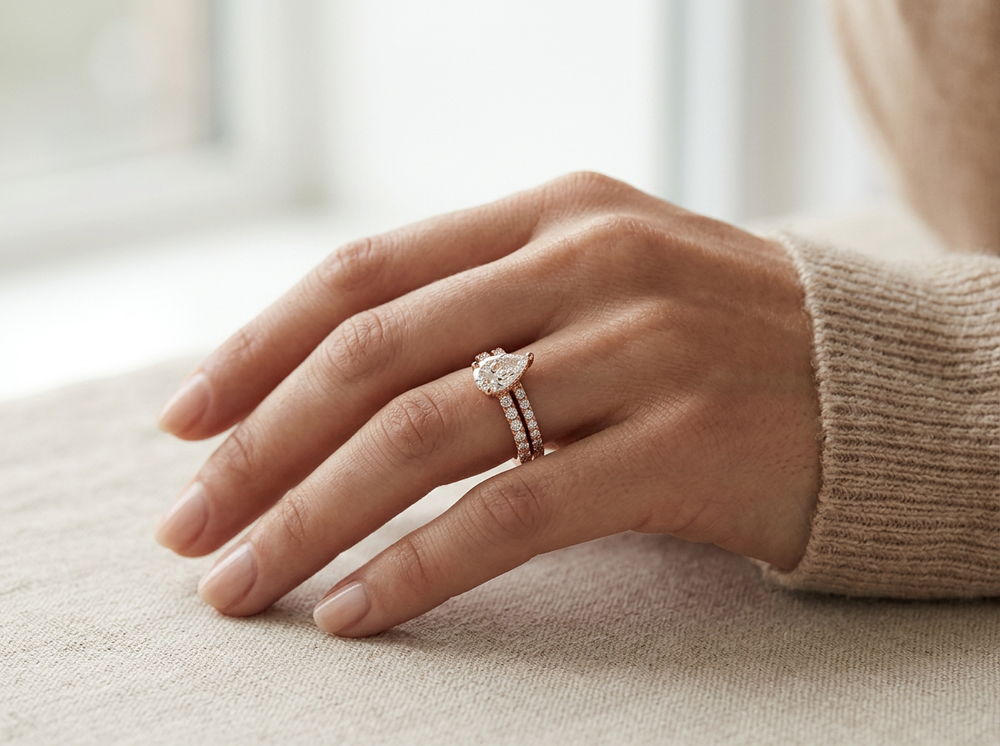 Anillo de Compromiso Pavé de Oro 14k con Diamante Corte Pera